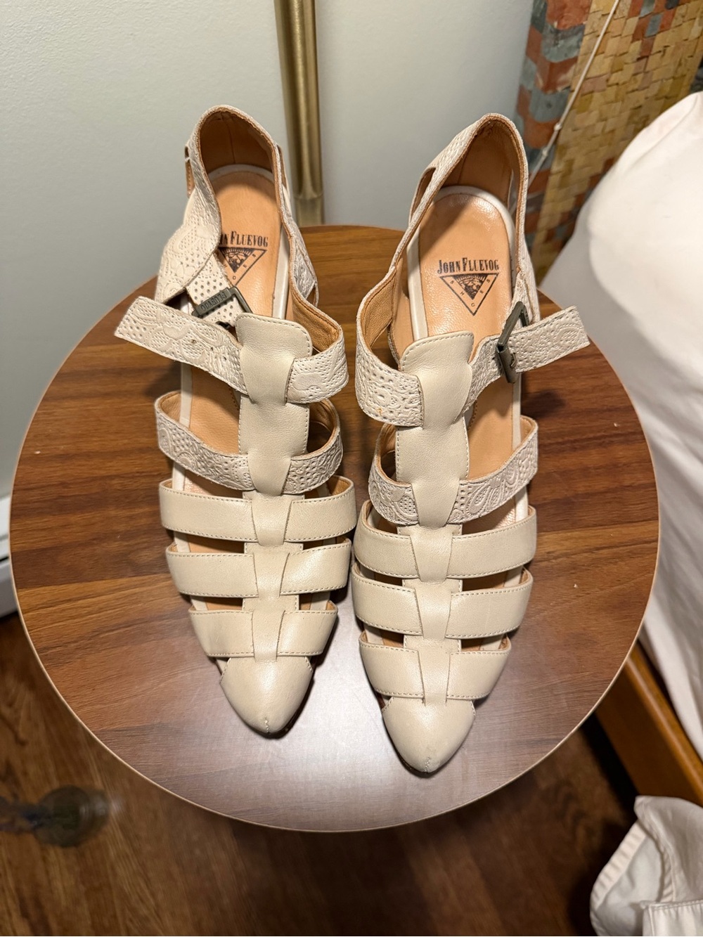 John Fluevog Women's Beige/Cream Woven Strappy Pointed Sandals